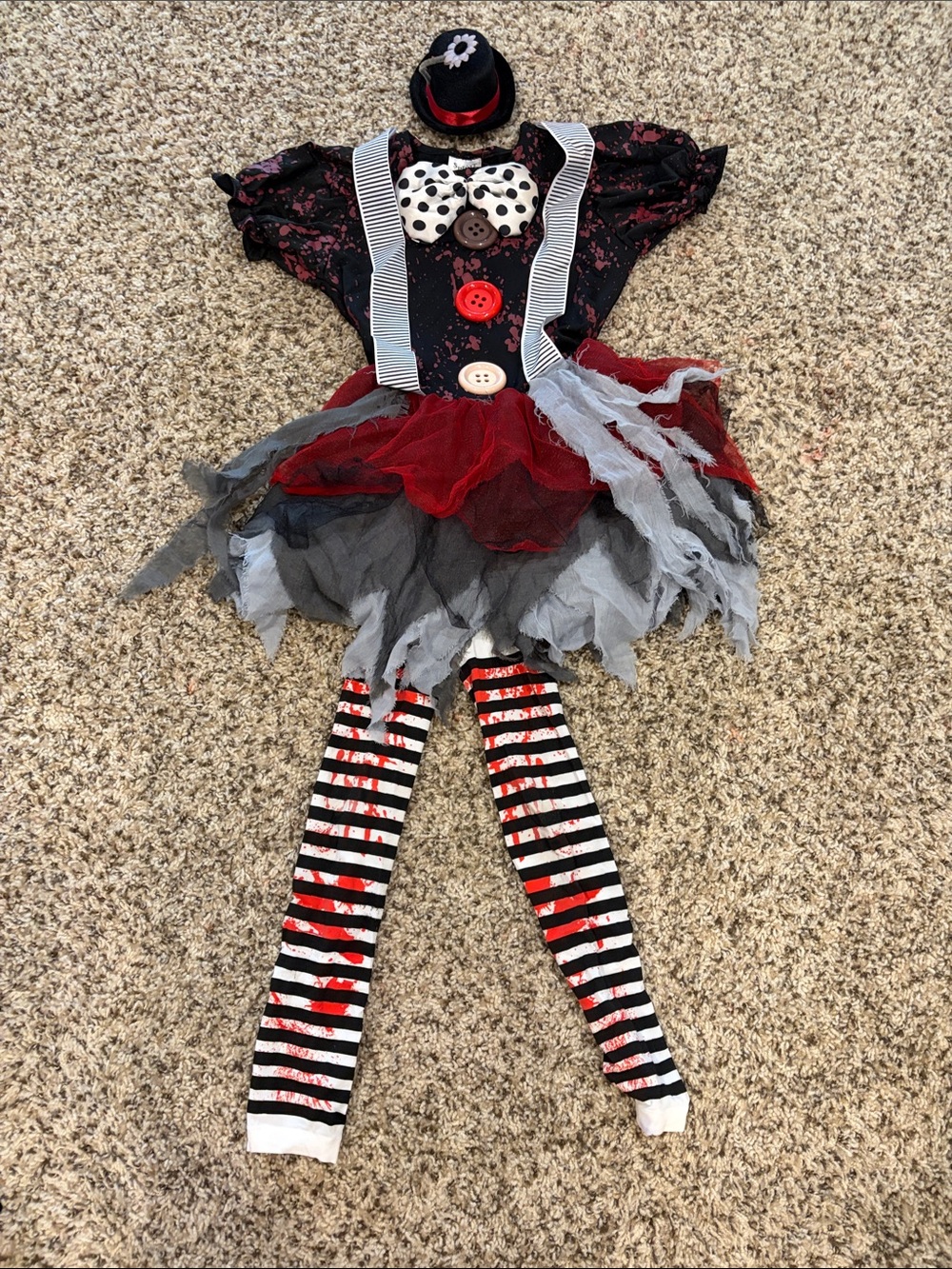 Girls' Black & Red Clown Costume with Striped Tights